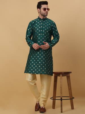 Men's Silk Jacquard Gold Print Green Kurta With Beige Churidar 6