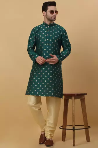 Men's Silk Jacquard Gold Print Green Kurta With Beige Churidar
