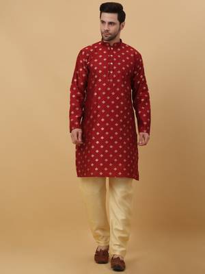Men's Silk Jacquard Gold Print Red Kurta With Beige Churidar 1