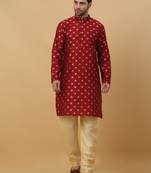 Men's Silk Jacquard Gold Print Red Kurta With Beige Churidar