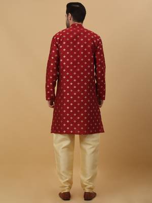 Men's Silk Jacquard Gold Print Red Kurta With Beige Churidar 3