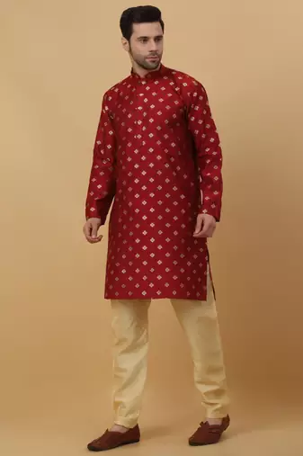 Men's Silk Jacquard Gold Print Red Kurta With Beige Churidar