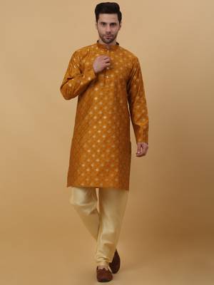 Men's Silk Jacquard Gold Print Red Kurta With Beige Churidar 1