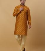Men's Silk Jacquard Gold Print Red Kurta With Beige Churidar