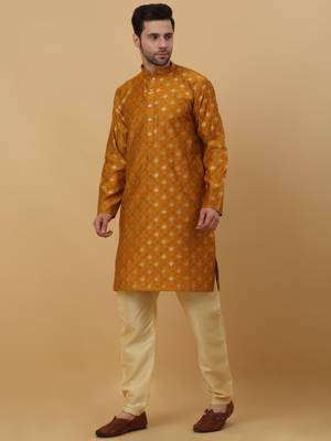 Men's Silk Jacquard Gold Print Red Kurta With Beige Churidar 4