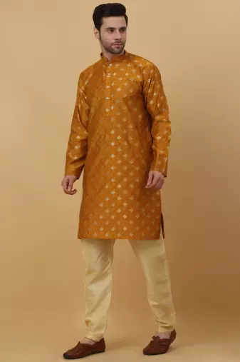 Men's Silk Jacquard Gold Print Red Kurta With Beige Churidar