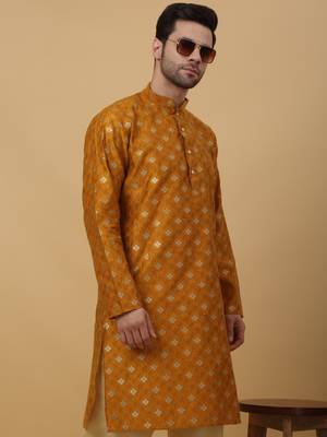 Men's Silk Jacquard Gold Print Red Kurta With Beige Churidar 6