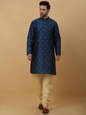 Men's Jacquard Sequenced Blue Kurta With Churidar 1