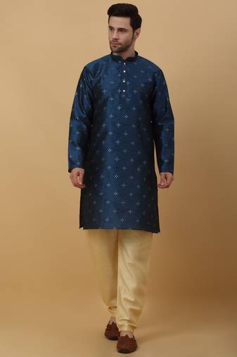 Men's Jacquard Sequenced Blue Kurta With Churidar