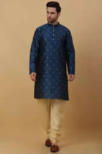 Men's Jacquard Sequenced Blue Kurta With Churidar