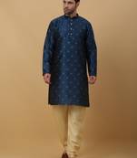 Men's Jacquard Sequenced Blue Kurta With Churidar