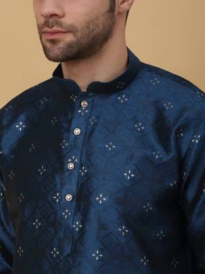 Men's Jacquard Sequenced Blue Kurta With Churidar 2