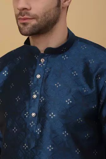 Men's Jacquard Sequenced Blue Kurta With Churidar