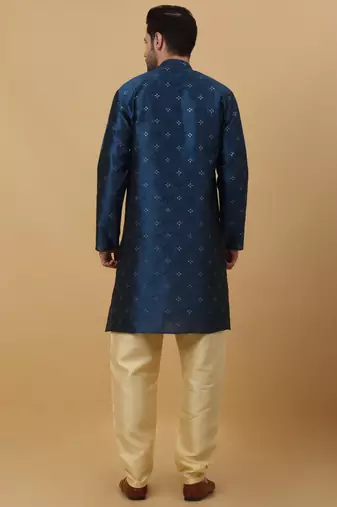 Men's Jacquard Sequenced Blue Kurta With Churidar