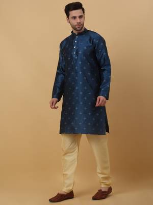 Men's Jacquard Sequenced Blue Kurta With Churidar 4