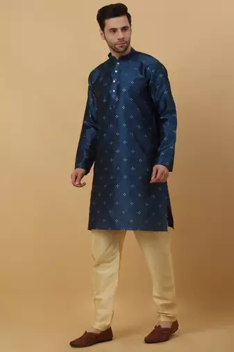 Men's Jacquard Sequenced Blue Kurta With Churidar