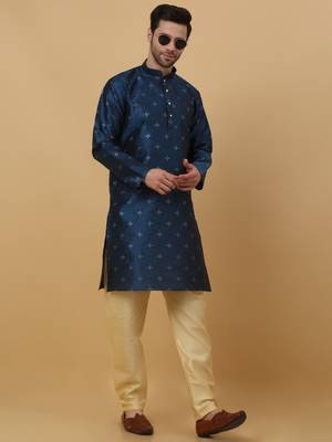 Men's Jacquard Sequenced Blue Kurta With Churidar 5