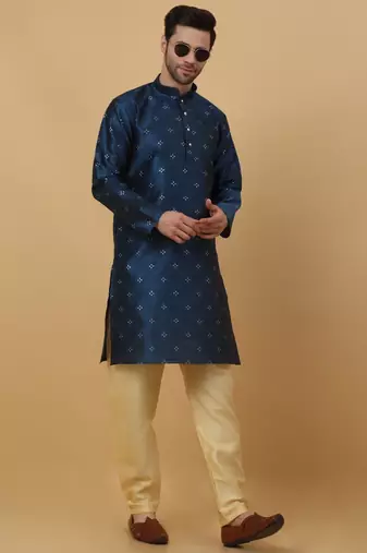 Men's Jacquard Sequenced Blue Kurta With Churidar