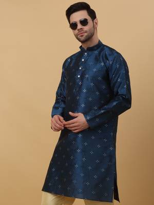 Men's Jacquard Sequenced Blue Kurta With Churidar 6