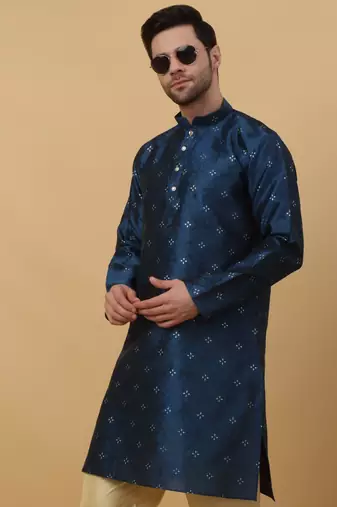 Men's Jacquard Sequenced Blue Kurta With Churidar