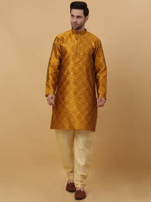 Men's Jacquard Sequenced Mustard Yellow Kurta With Churidar 1
