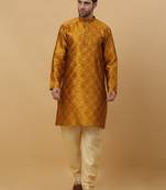 Men's Jacquard Sequenced Mustard Yellow Kurta With Churidar