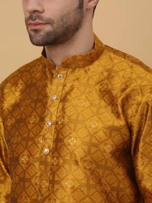 Men's Jacquard Sequenced Mustard Yellow Kurta With Churidar 2