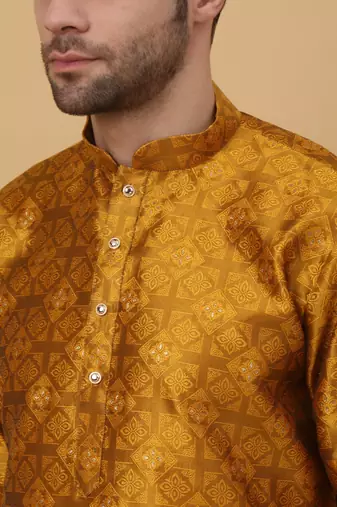 Men's Jacquard Sequenced Mustard Yellow Kurta With Churidar