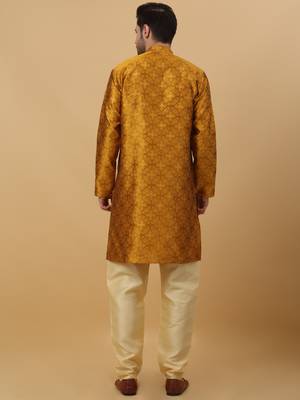 Men's Jacquard Sequenced Mustard Yellow Kurta With Churidar 3