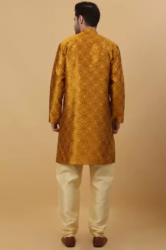 Men's Jacquard Sequenced Mustard Yellow Kurta With Churidar