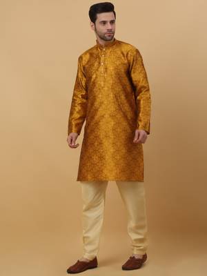 Men's Jacquard Sequenced Mustard Yellow Kurta With Churidar 4