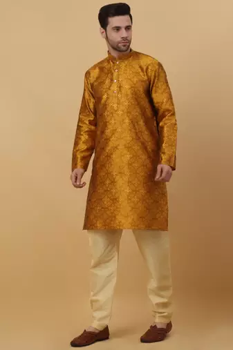 Men's Jacquard Sequenced Mustard Yellow Kurta With Churidar