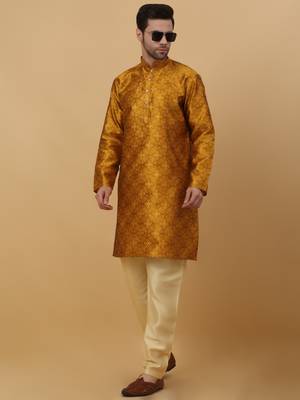 Men's Jacquard Sequenced Mustard Yellow Kurta With Churidar 5
