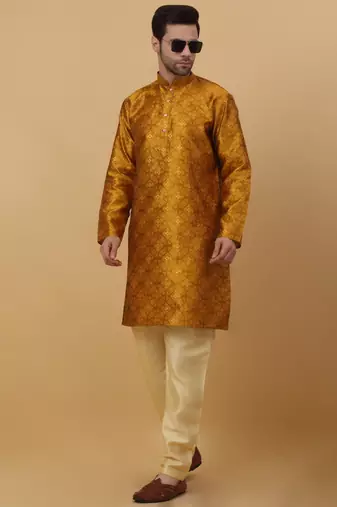 Men's Jacquard Sequenced Mustard Yellow Kurta With Churidar