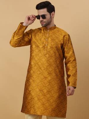 Men's Jacquard Sequenced Mustard Yellow Kurta With Churidar 6