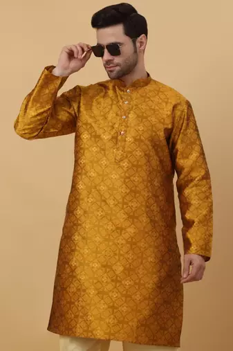 Men's Jacquard Sequenced Mustard Yellow Kurta With Churidar