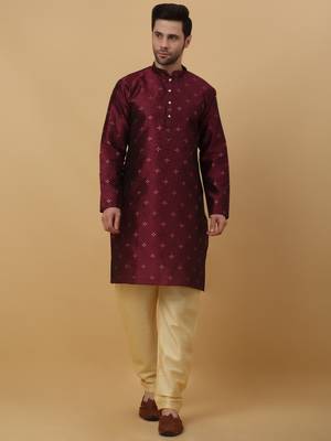 Men's Jacquard Sequenced Wine Kurta With Churidar 1