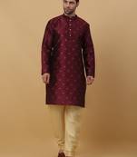 Men's Jacquard Sequenced Wine Kurta With Churidar