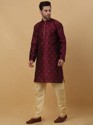 Men's Jacquard Sequenced Wine Kurta With Churidar 4