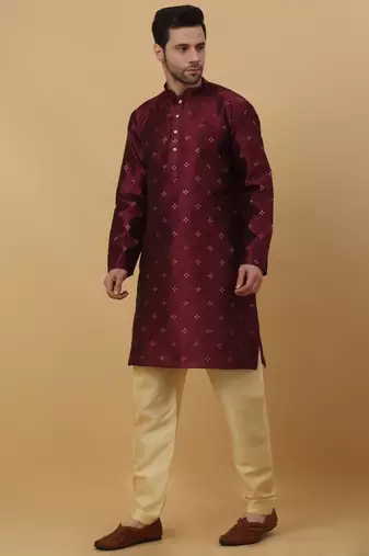 Men's Jacquard Sequenced Wine Kurta With Churidar