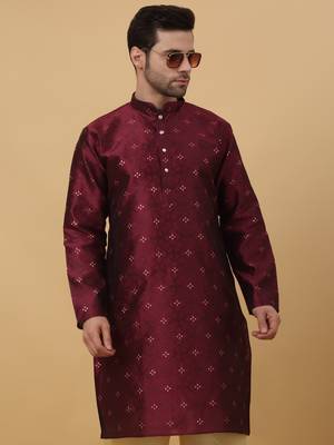 Men's Jacquard Sequenced Wine Kurta With Churidar 6