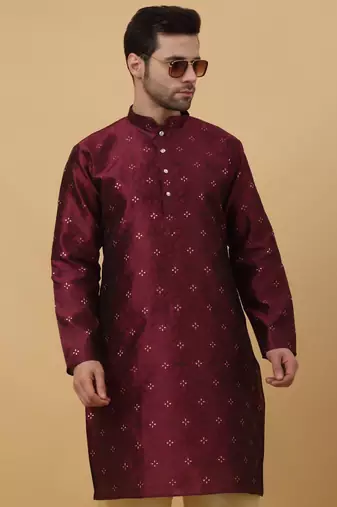 Men's Jacquard Sequenced Wine Kurta With Churidar