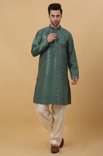 Men's Green Sequenced Cotton Silk Kurta With Salwar