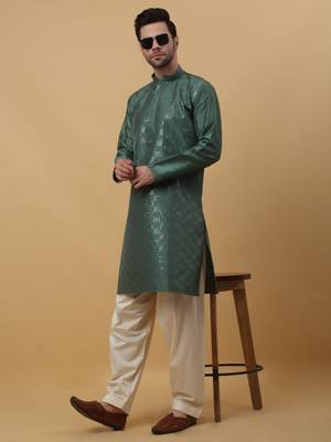 Men's Green Sequenced Cotton Silk Kurta With Salwar 6