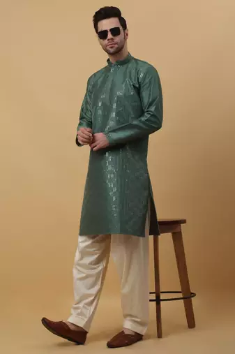Men's Green Sequenced Cotton Silk Kurta With Salwar