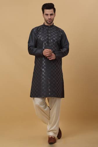 Men's Grey Sequenced Cotton Silk Kurta With Salwar