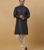 Men's Grey Sequenced Cotton Silk Kurta With Salwar