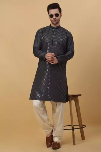 Men's Grey Sequenced Cotton Silk Kurta With Salwar