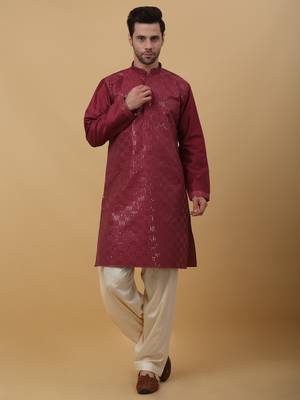 Men's Wine Sequenced Cotton Silk Kurta With Salwar 1