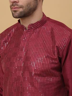 Men's Wine Sequenced Cotton Silk Kurta With Salwar 2